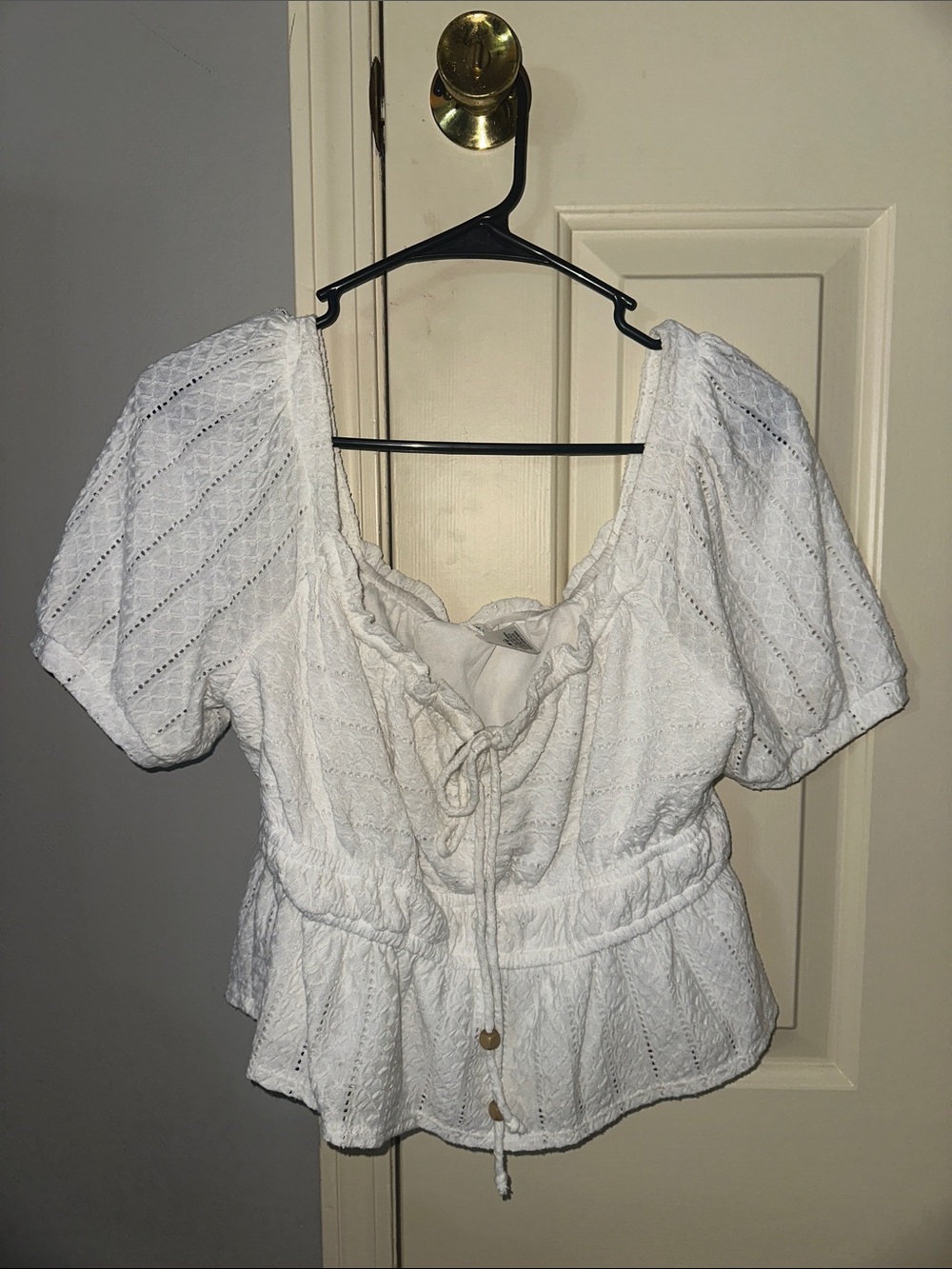 White Eyelet Tie-Front Peplum Blouse